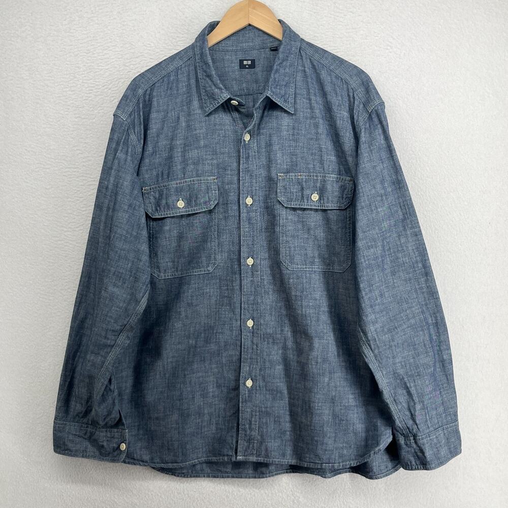 UNIQLO Shirt Men XL Chambray Button Up Workshirt Utility Long Sleeve Cotton Blue